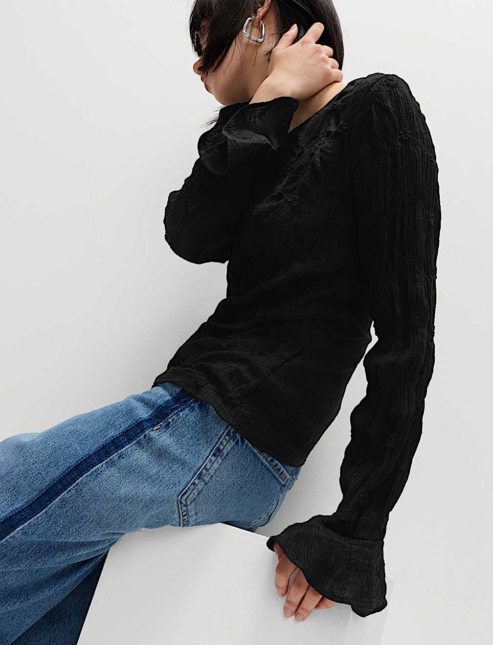 Lace Textured Crew Neck Blouse