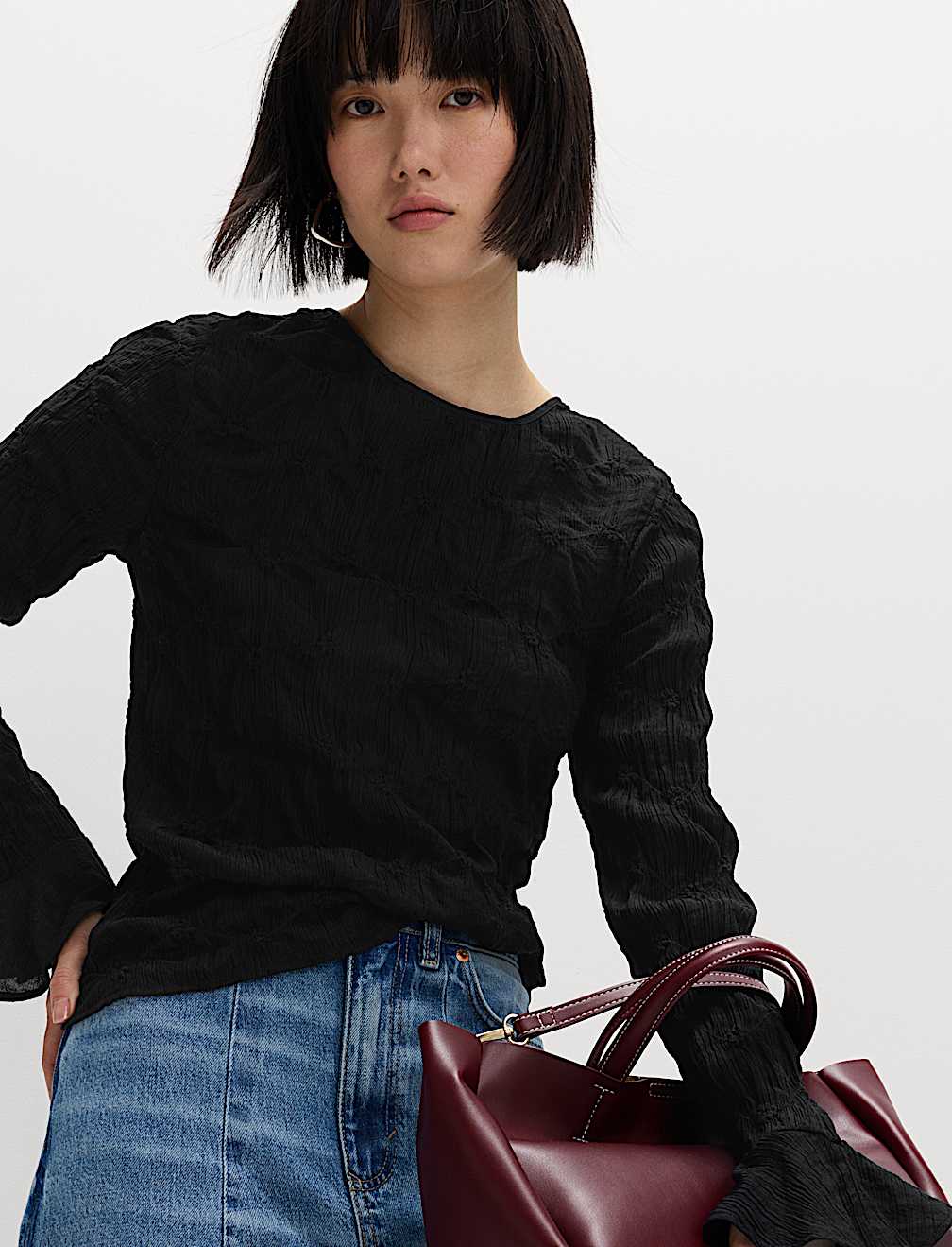 Lace Textured Crew Neck Blouse