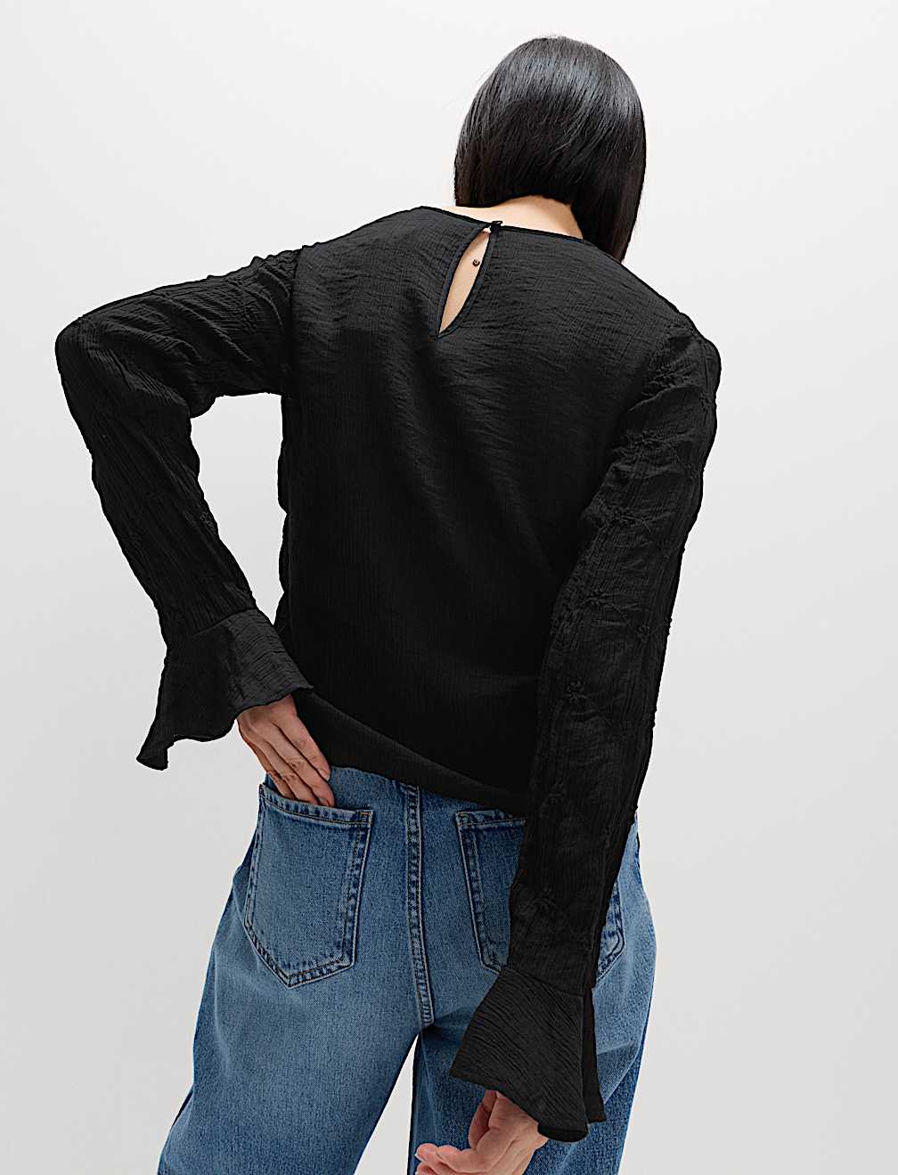 Lace Textured Crew Neck Blouse