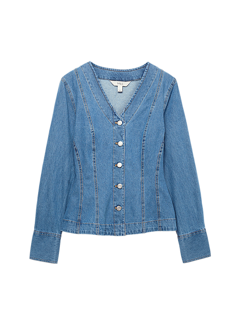 Pure Cotton Denim V-Neck Buttoned Slim Fit Shirt