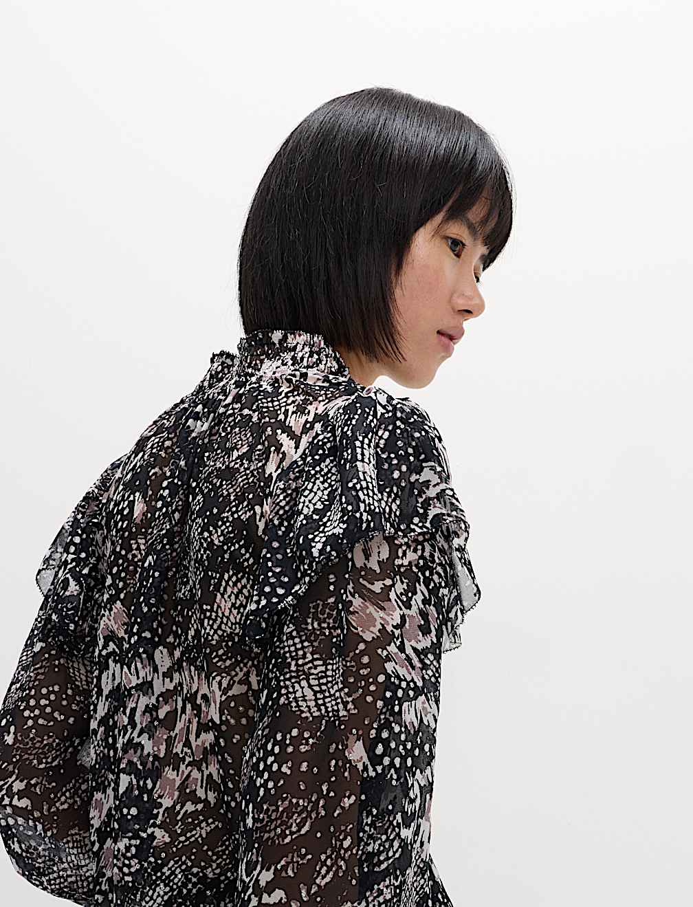 Printed Sparkly Shirred High Neck Ruffle Blouse