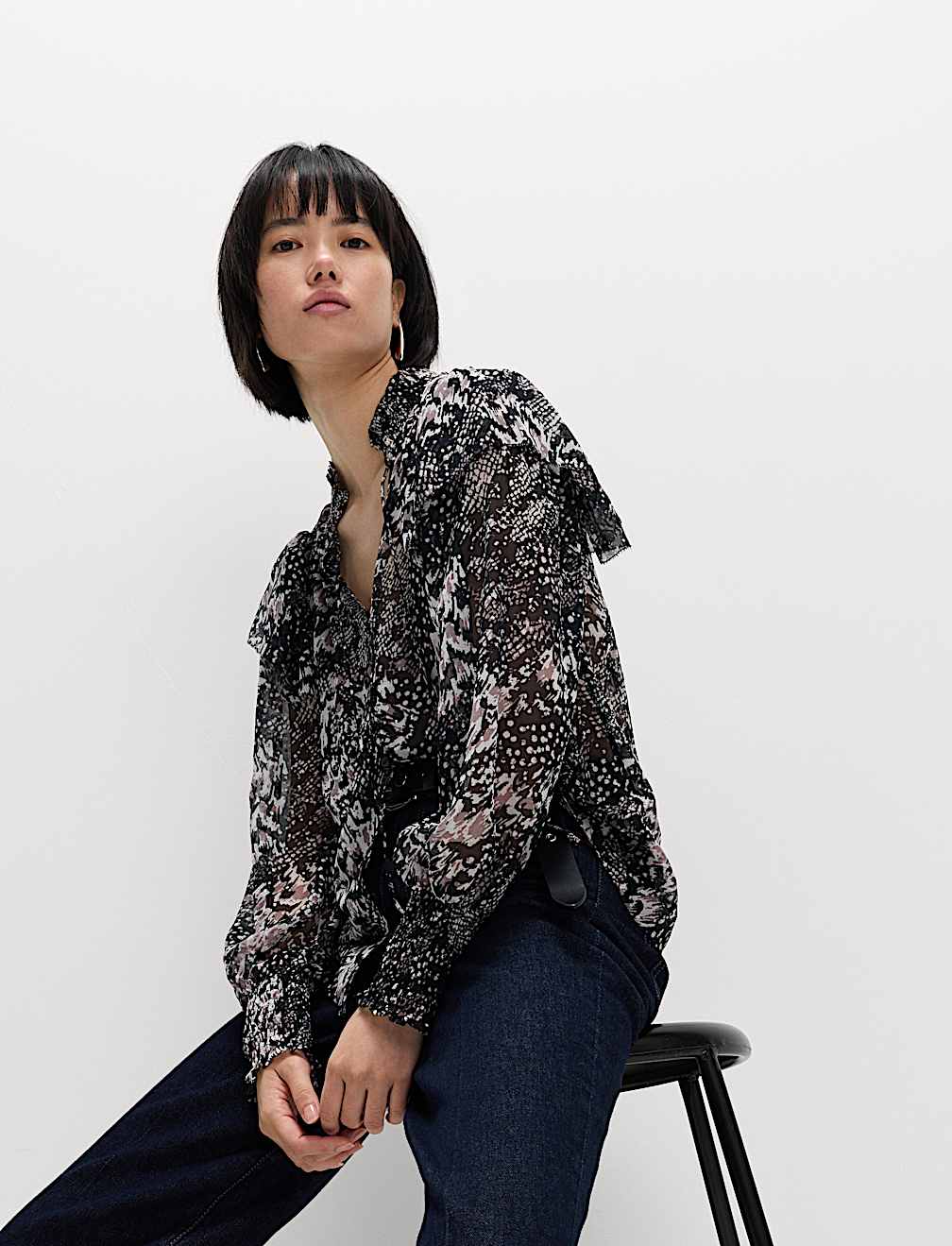 Printed Sparkly Shirred High Neck Ruffle Blouse