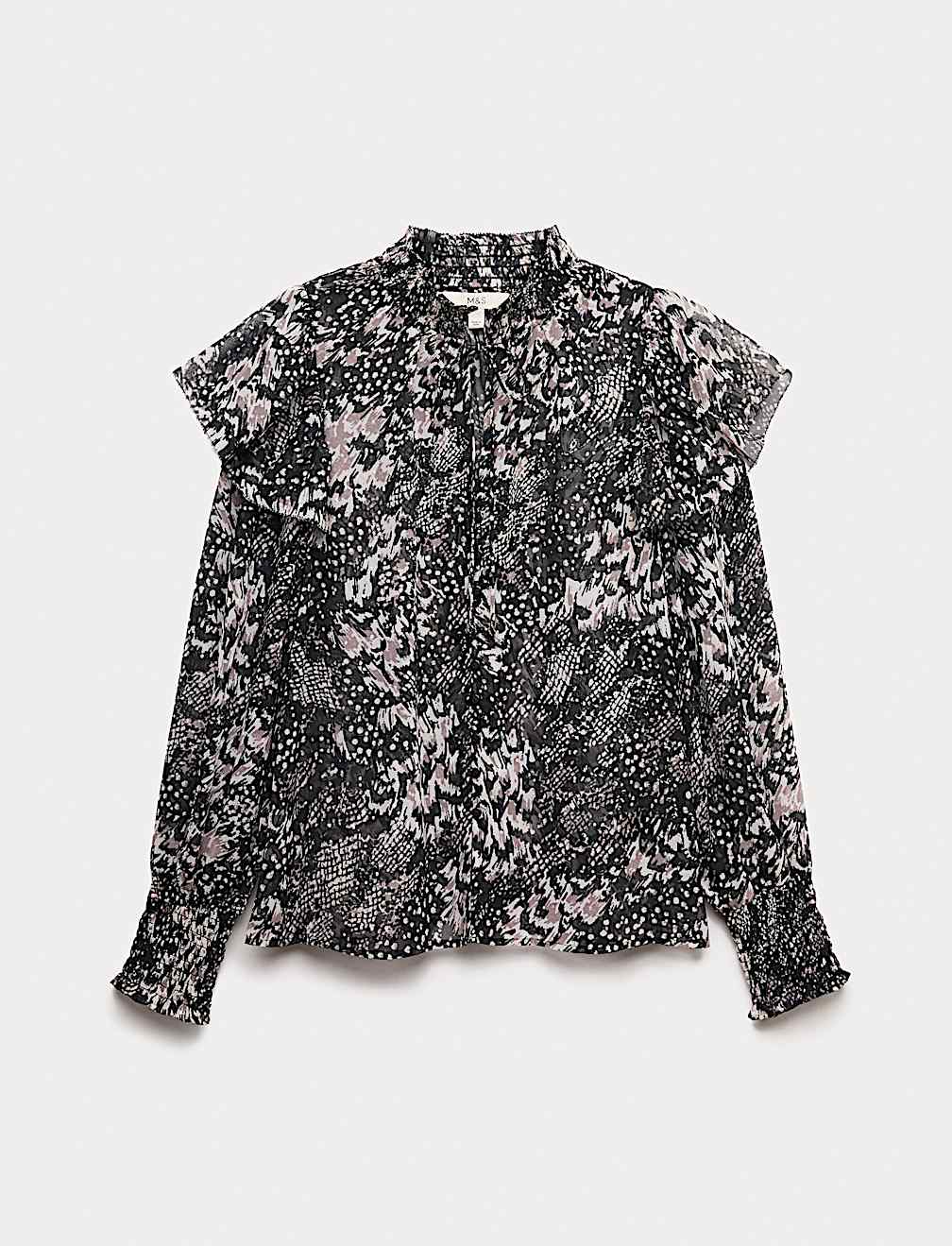 Printed Sparkly Shirred High Neck Ruffle Blouse