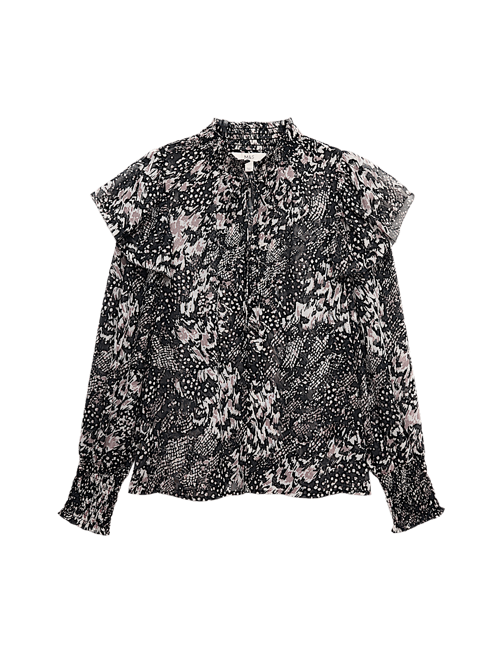 Printed Sparkly Shirred High Neck Ruffle Blouse