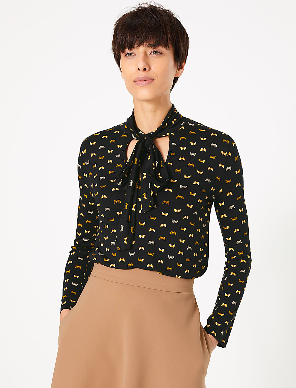 Butterfly Print Tie Neck Top