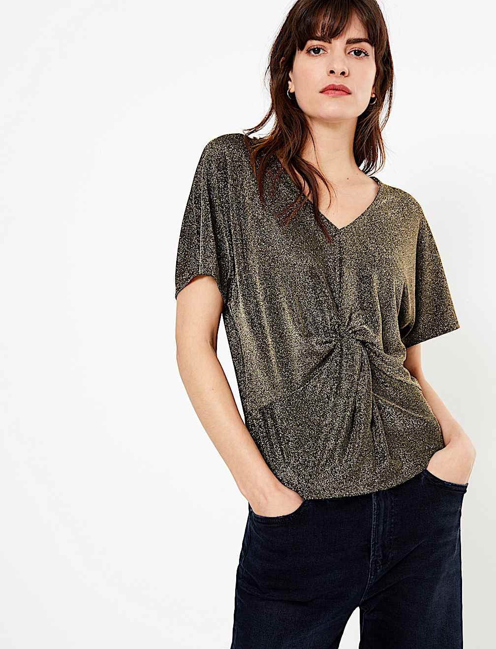 Metallic Twist Front V-Neck Short Sleeve Top