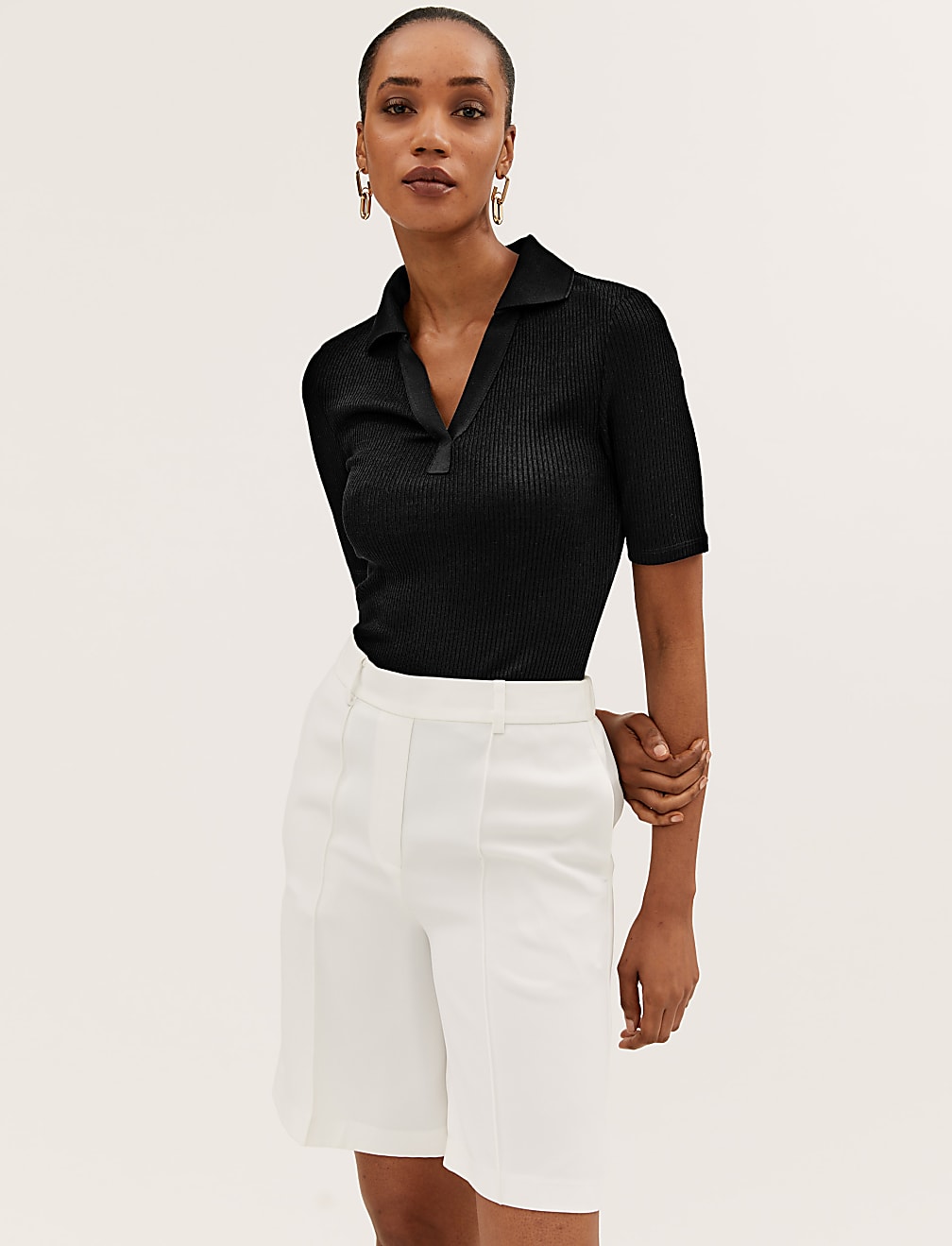 Ribbed Collared Regular Fit Half Sleeve Top