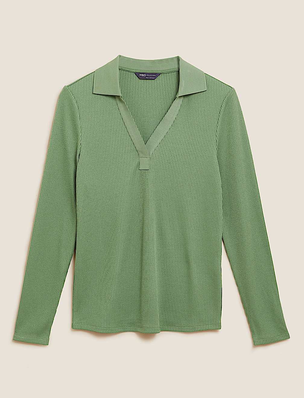 Ribbed Collared Long Sleeve Top