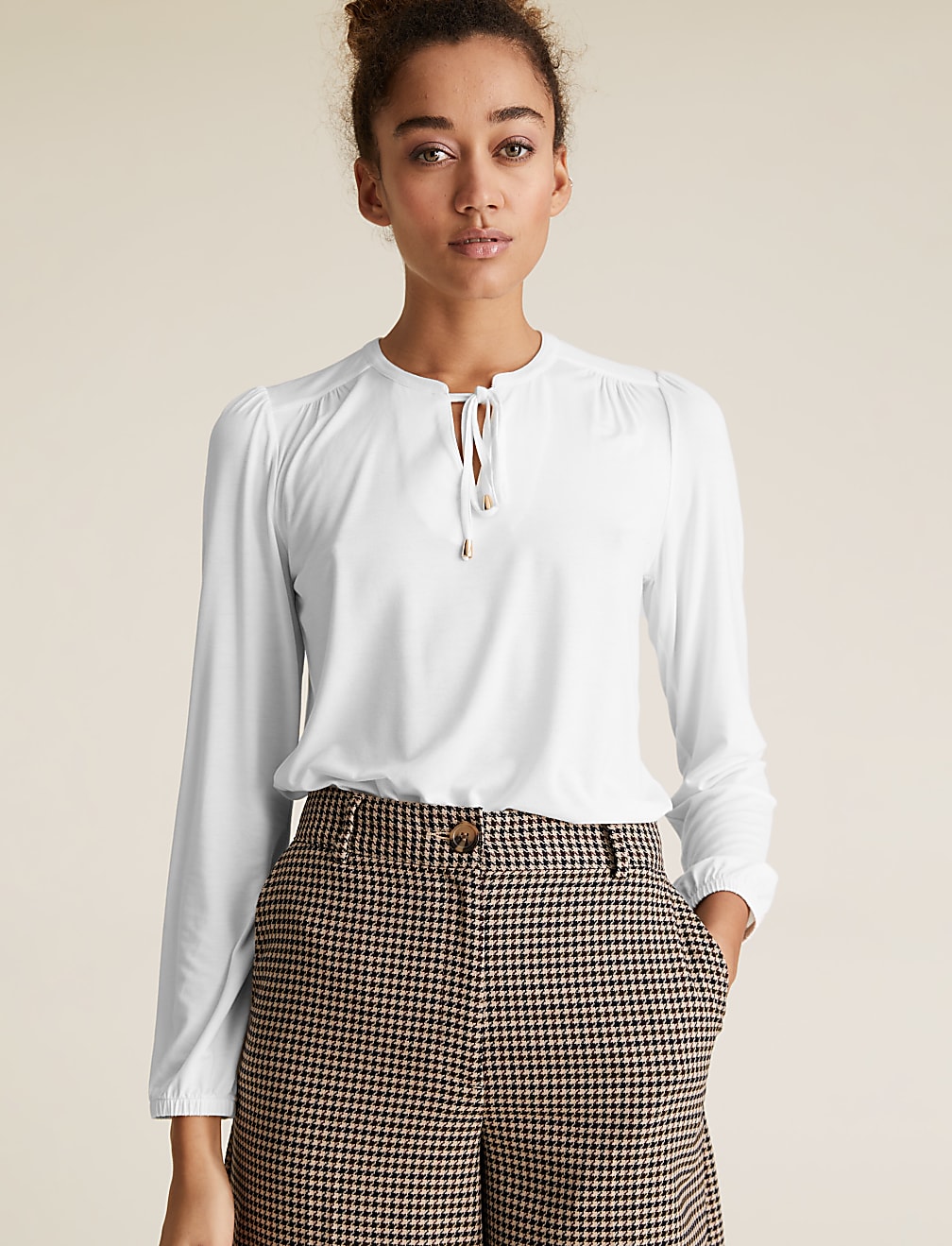 Jersey Tie Neck Relaxed Long Sleeve Top