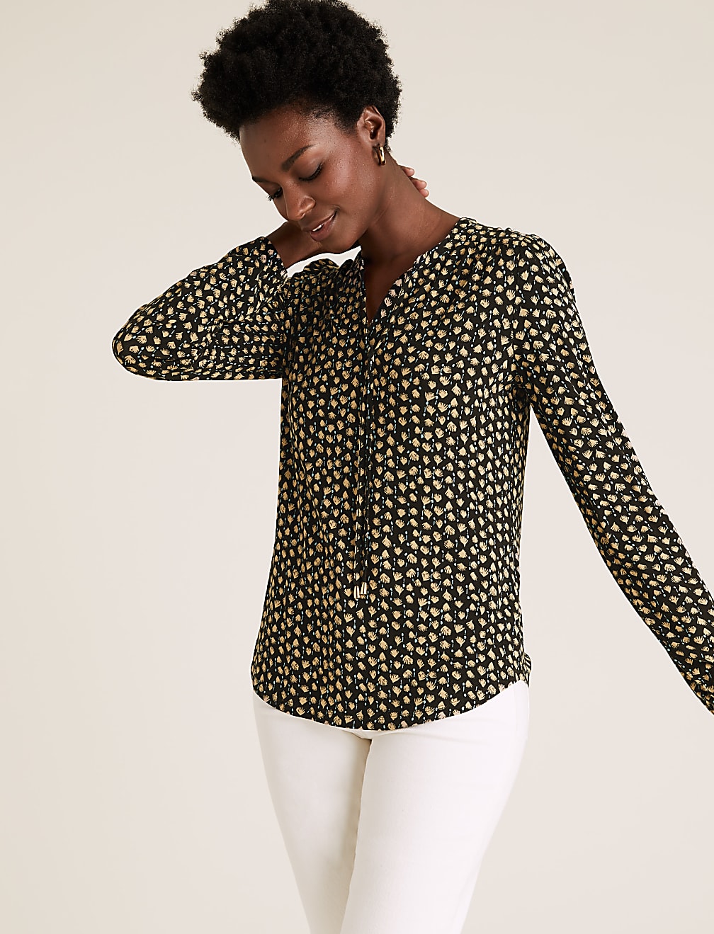 Jersey Printed Tie Neck Relaxed Top