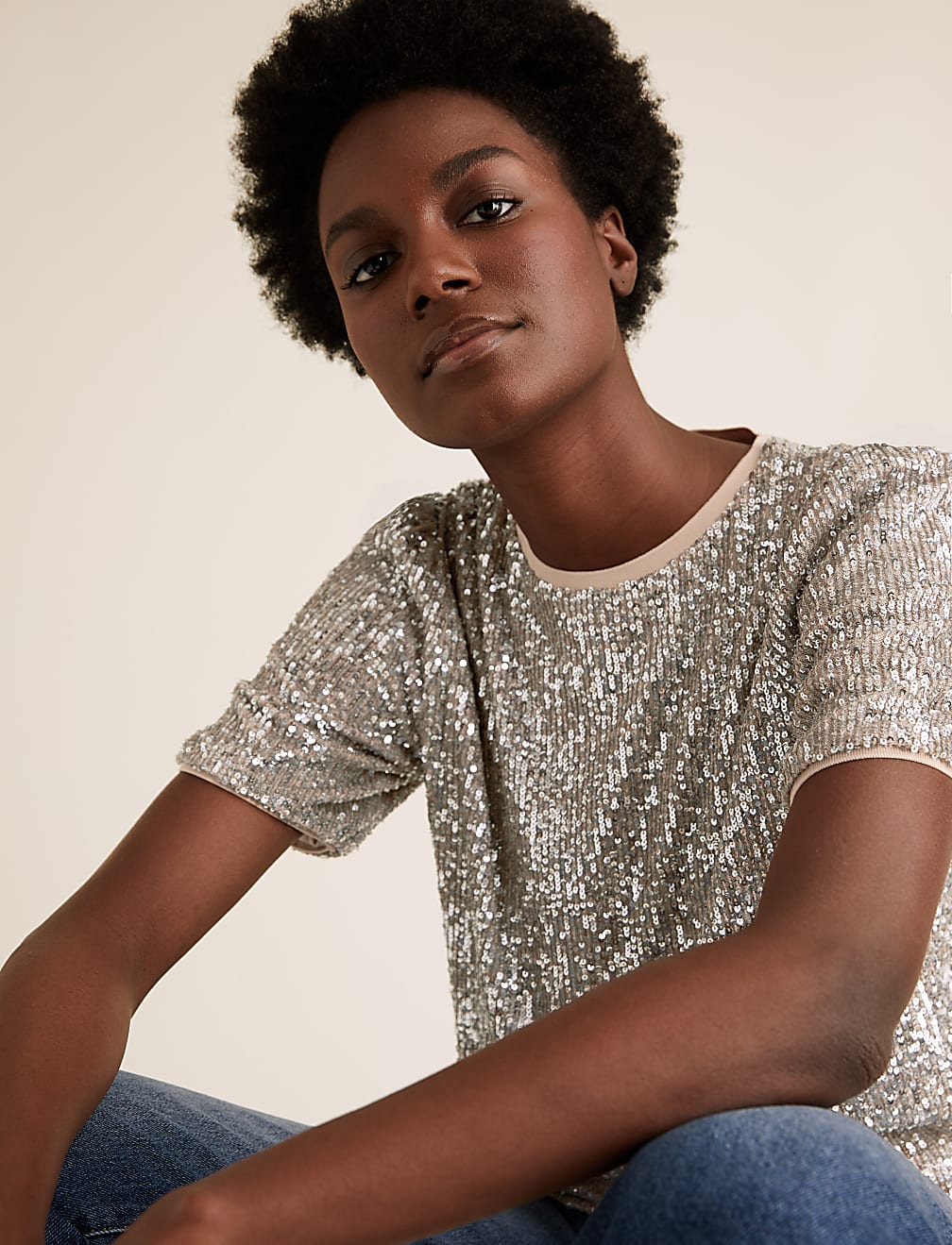 Sequin Crew Neck Short Sleeve Top