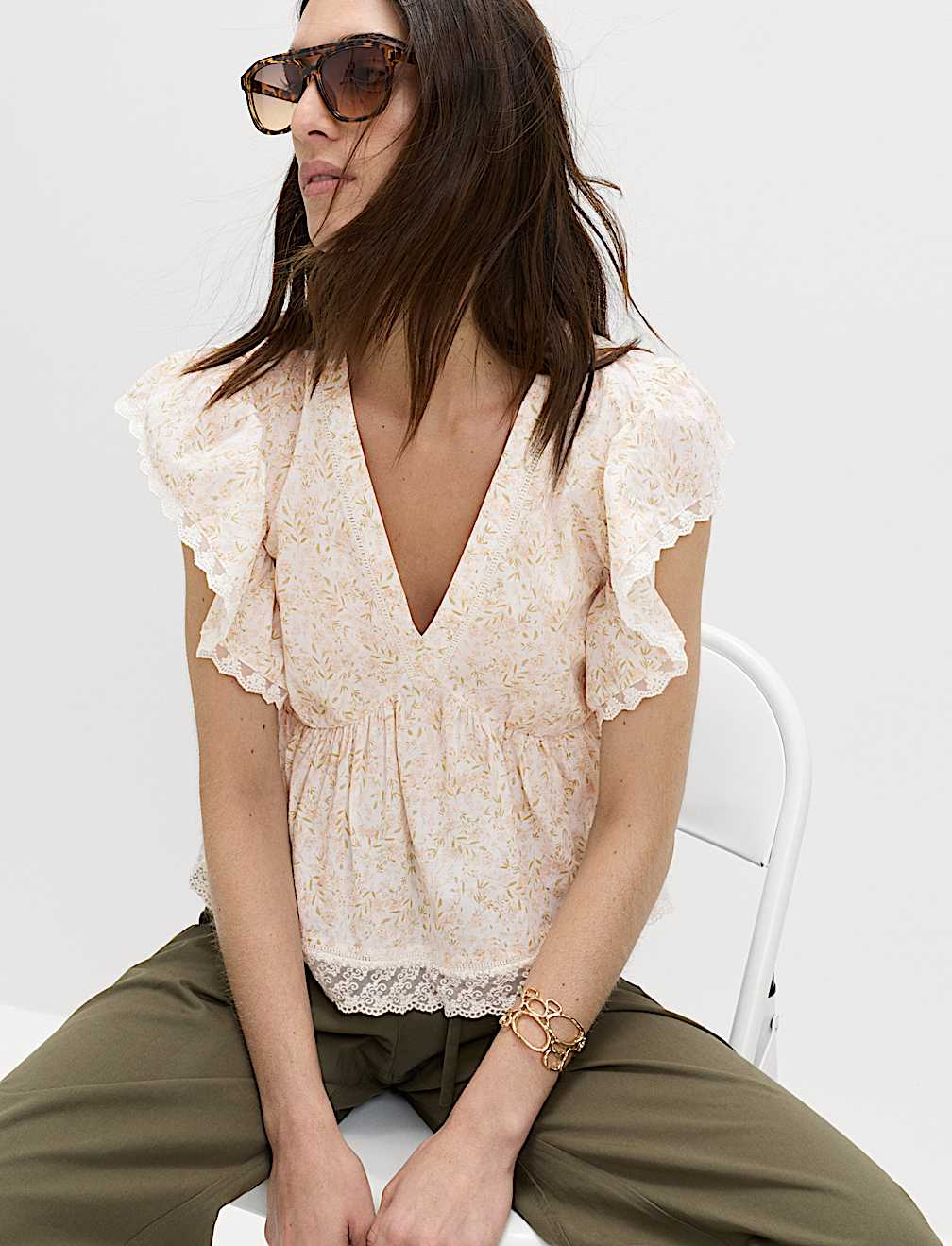 Pure Cotton Ruffle Embroidered Detail Blouse