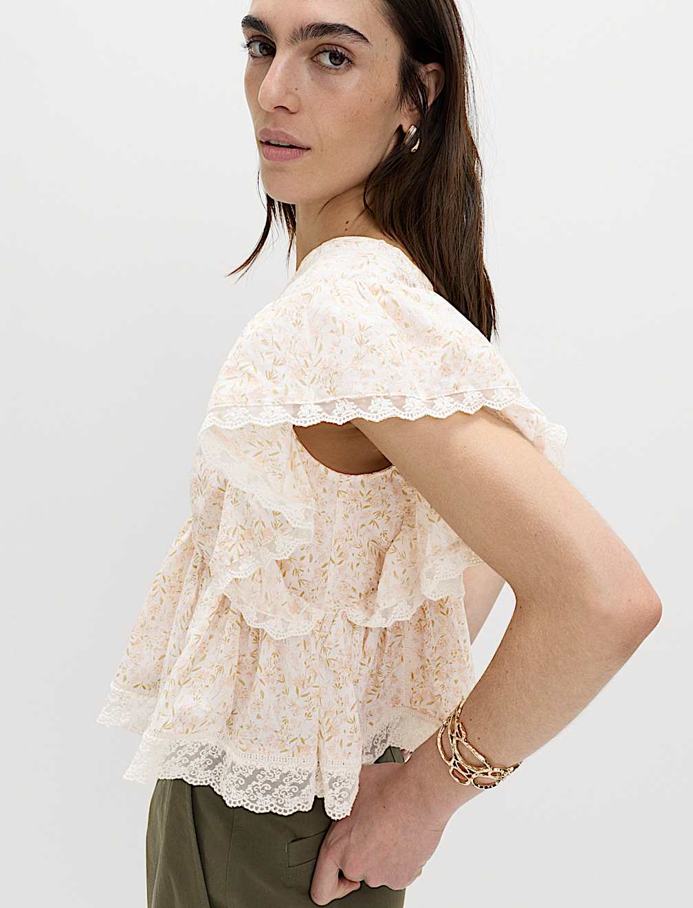 Pure Cotton Ruffle Embroidered Detail Blouse