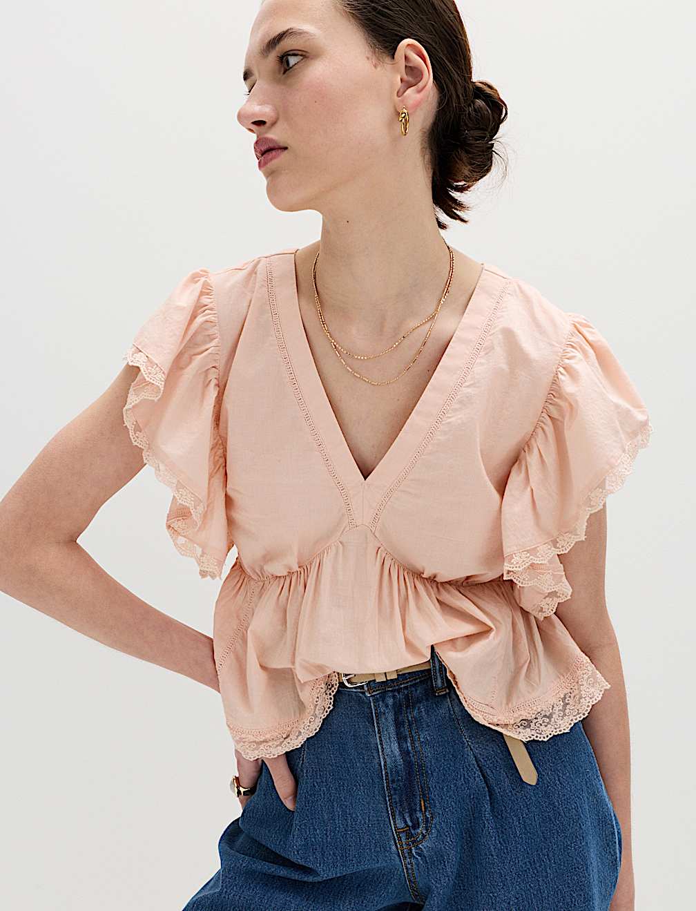 Pure Cotton Ruffle Embroidered Detail Blouse