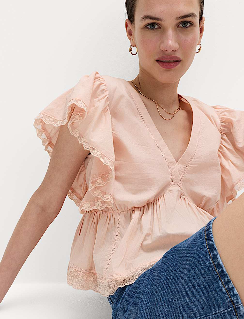 Pure Cotton Ruffle Embroidered Detail Blouse