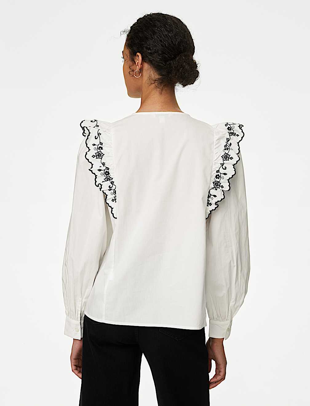 Pure Cotton Embroidered Frill Detail Blouse