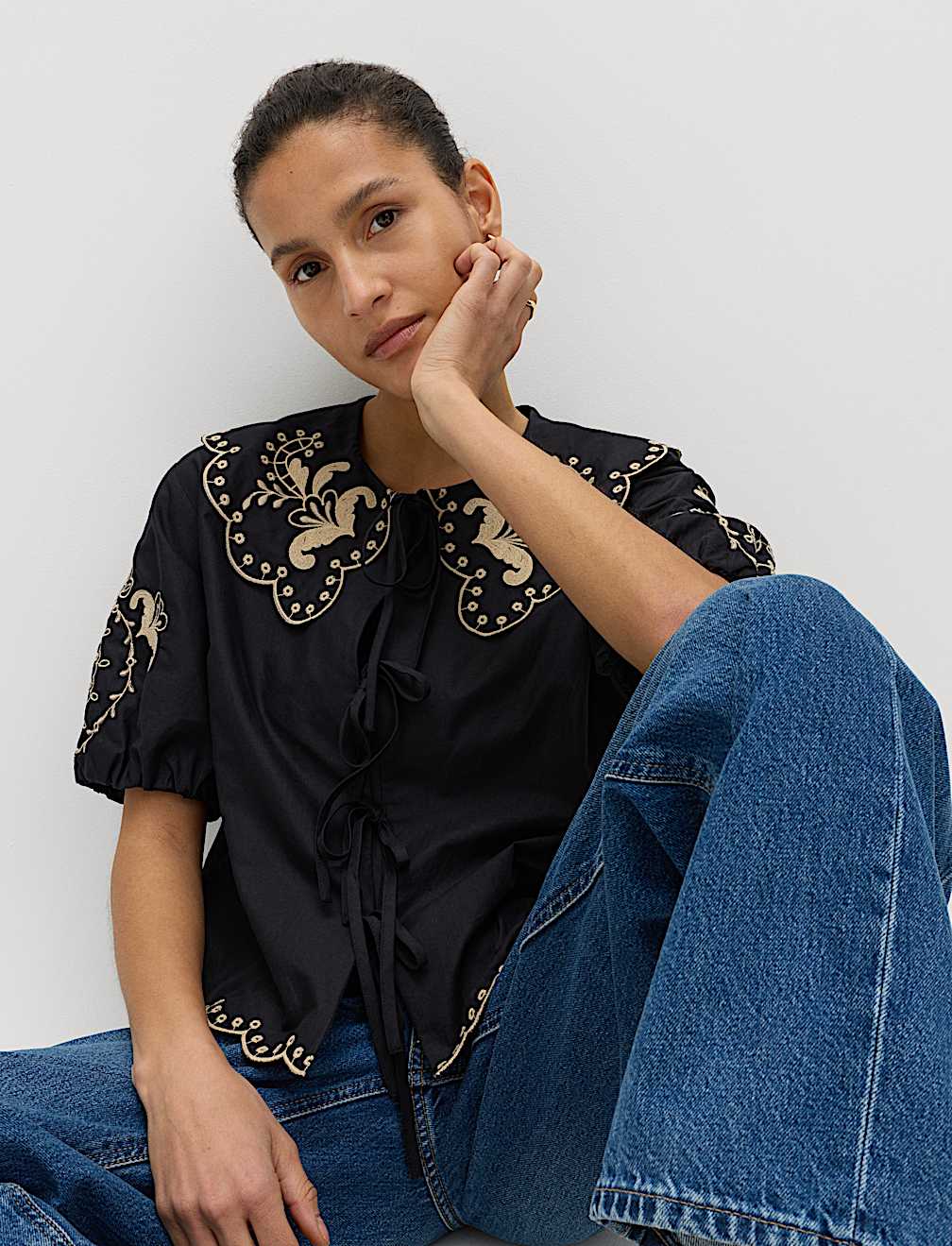 Pure Cotton Embroidered Collared Blouse