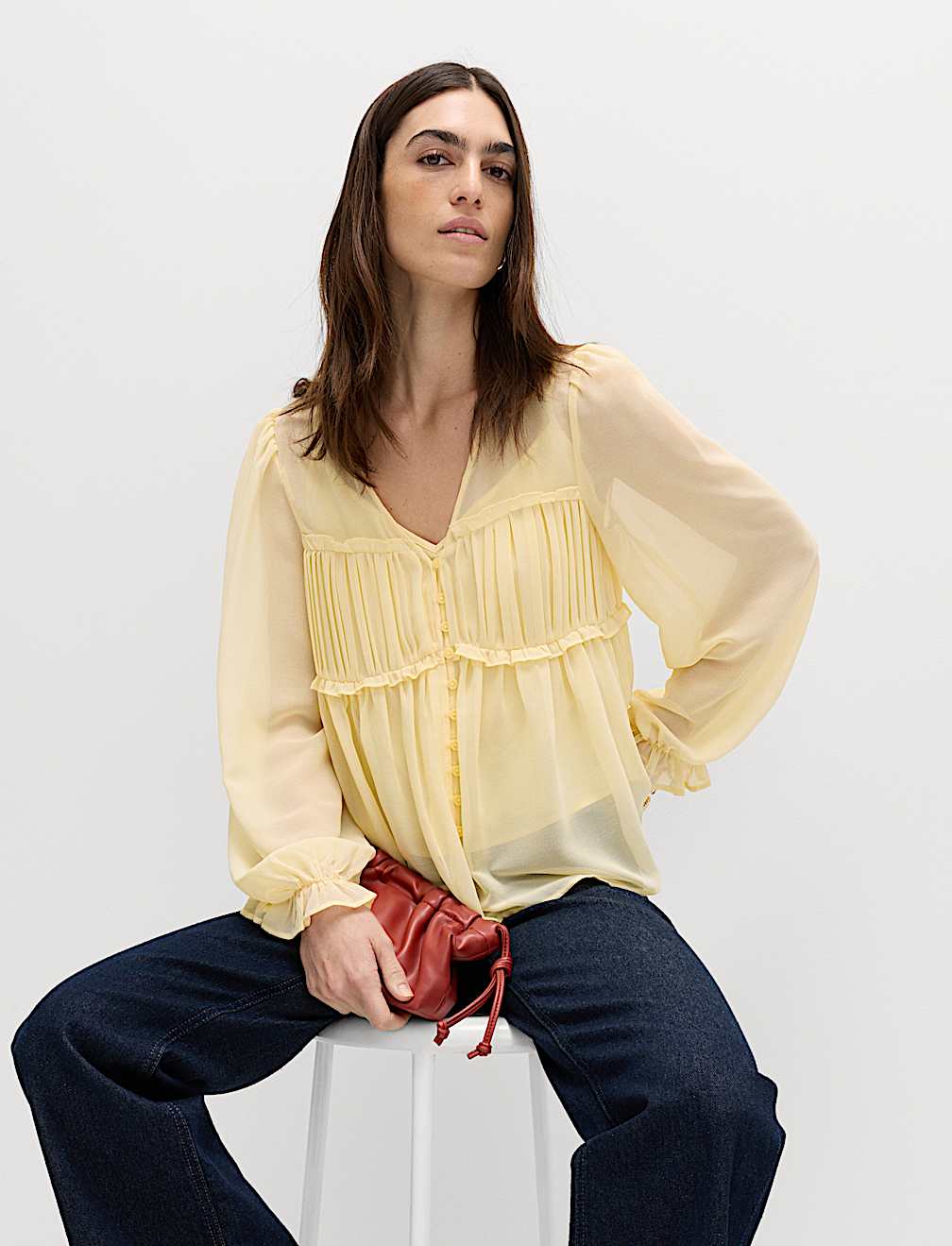 V-Neck Ruffle Detail Long Sleeve Blouse