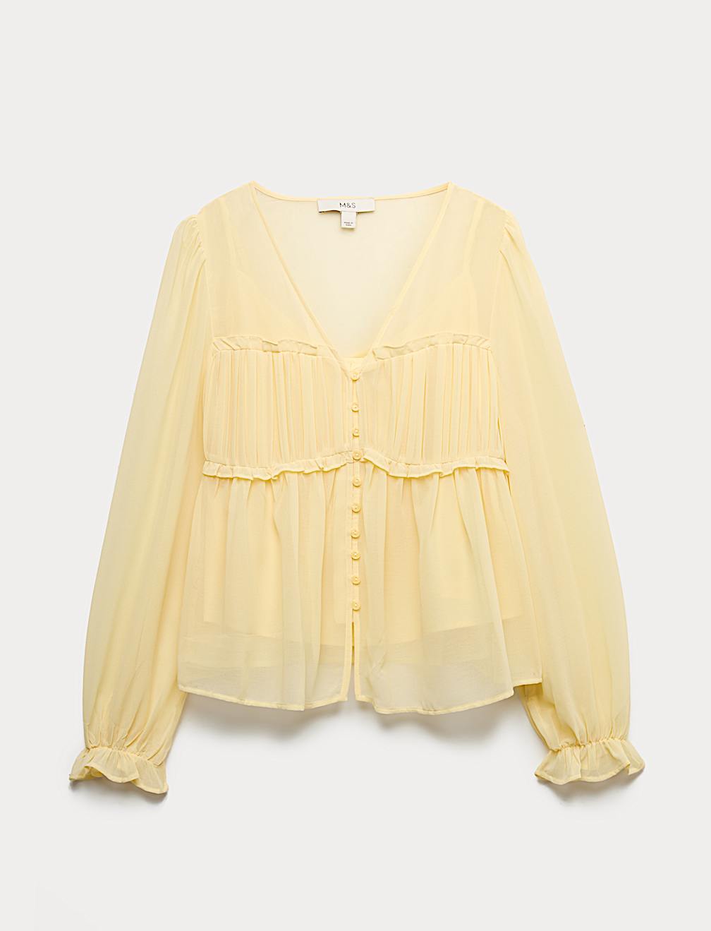 V-Neck Ruffle Detail Long Sleeve Blouse