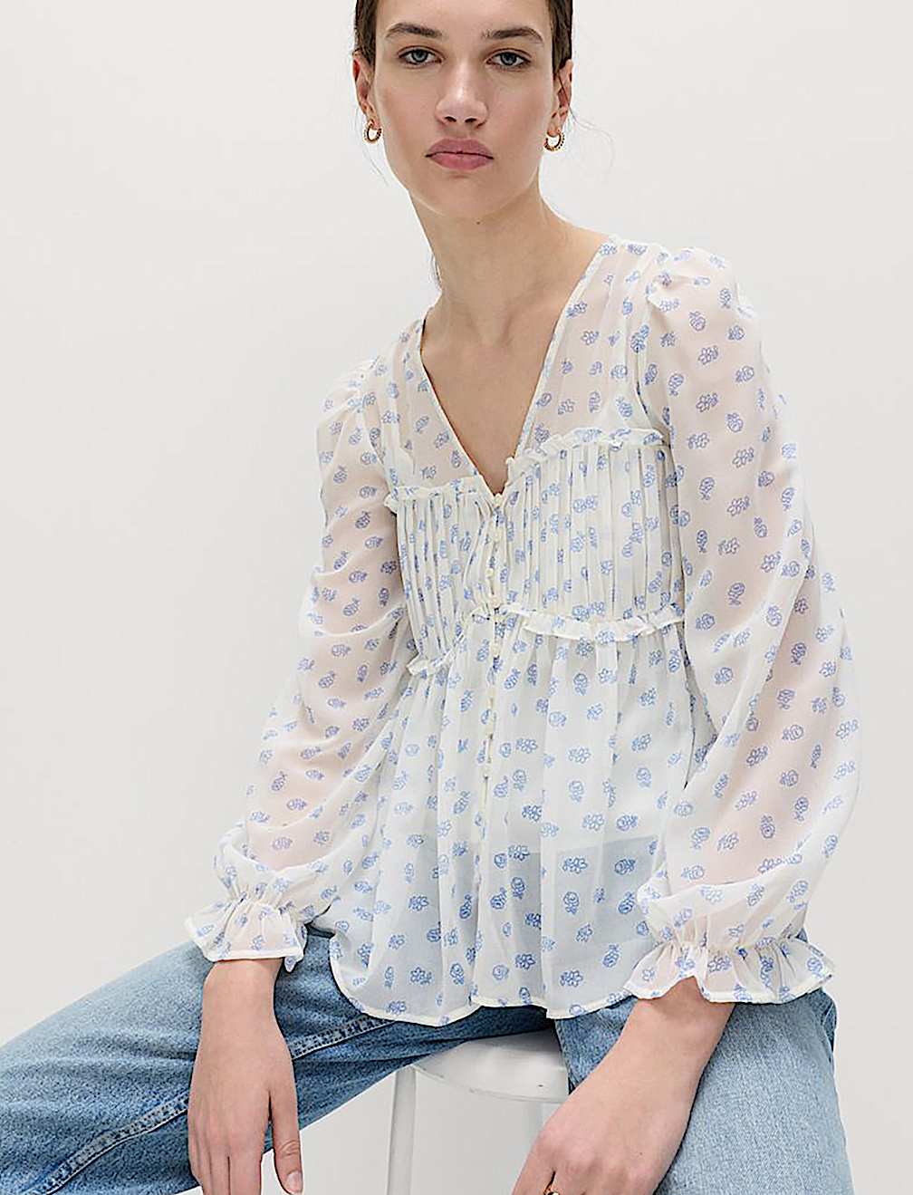 V-Neck Ruffle Detail Long Sleeve Blouse