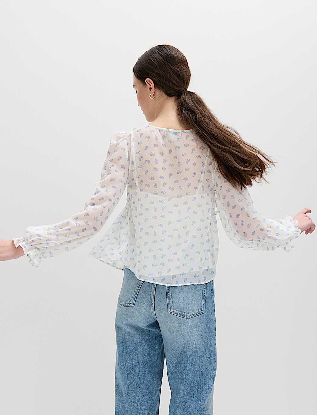 V-Neck Ruffle Detail Long Sleeve Blouse