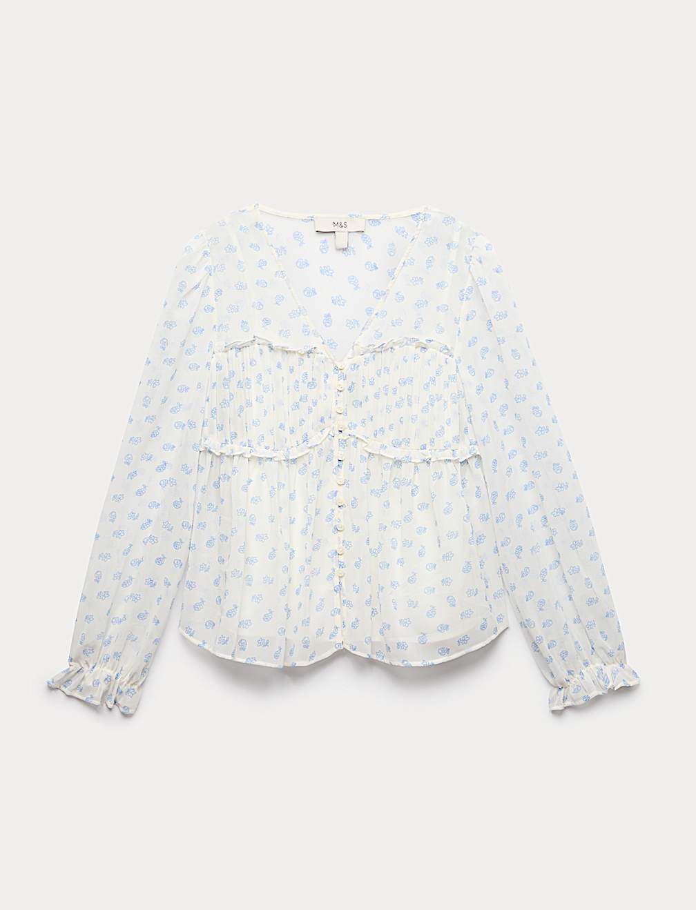 V-Neck Ruffle Detail Long Sleeve Blouse