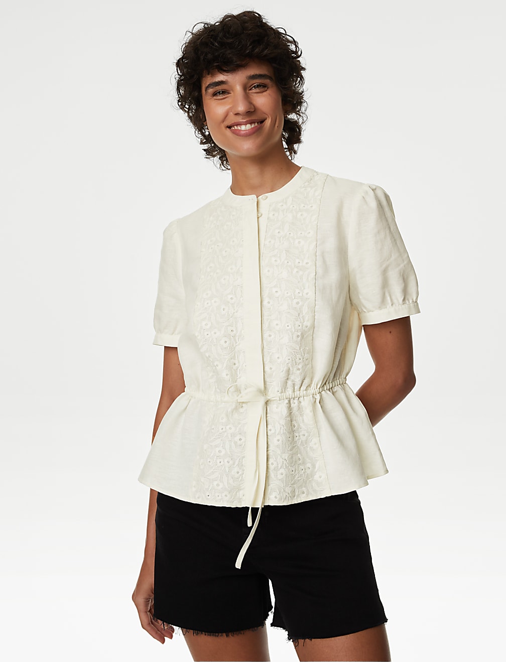 Linen Rich Embroidered High Neck Blouse