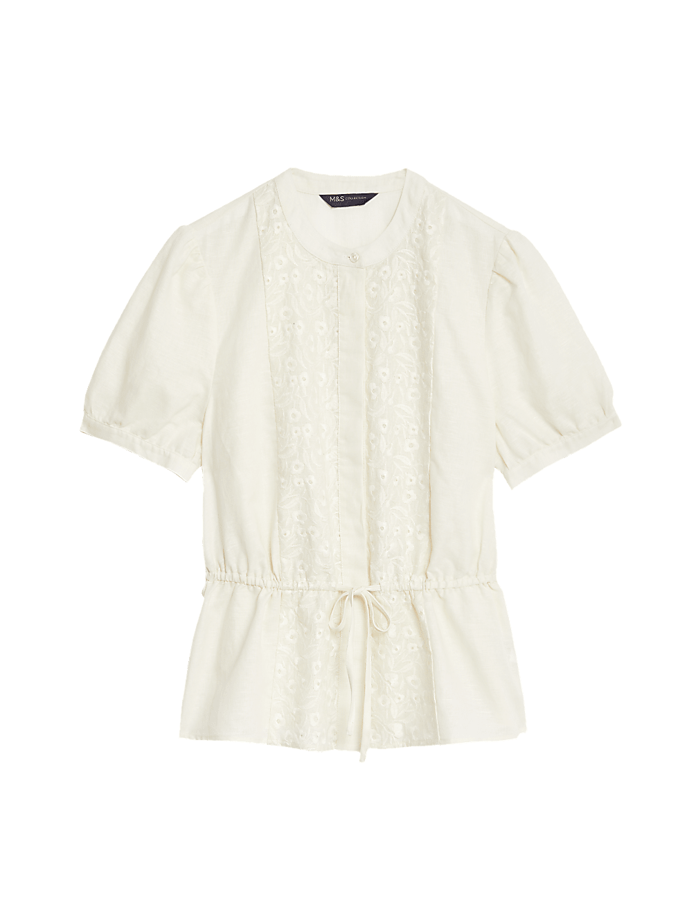 Linen Rich Embroidered High Neck Blouse