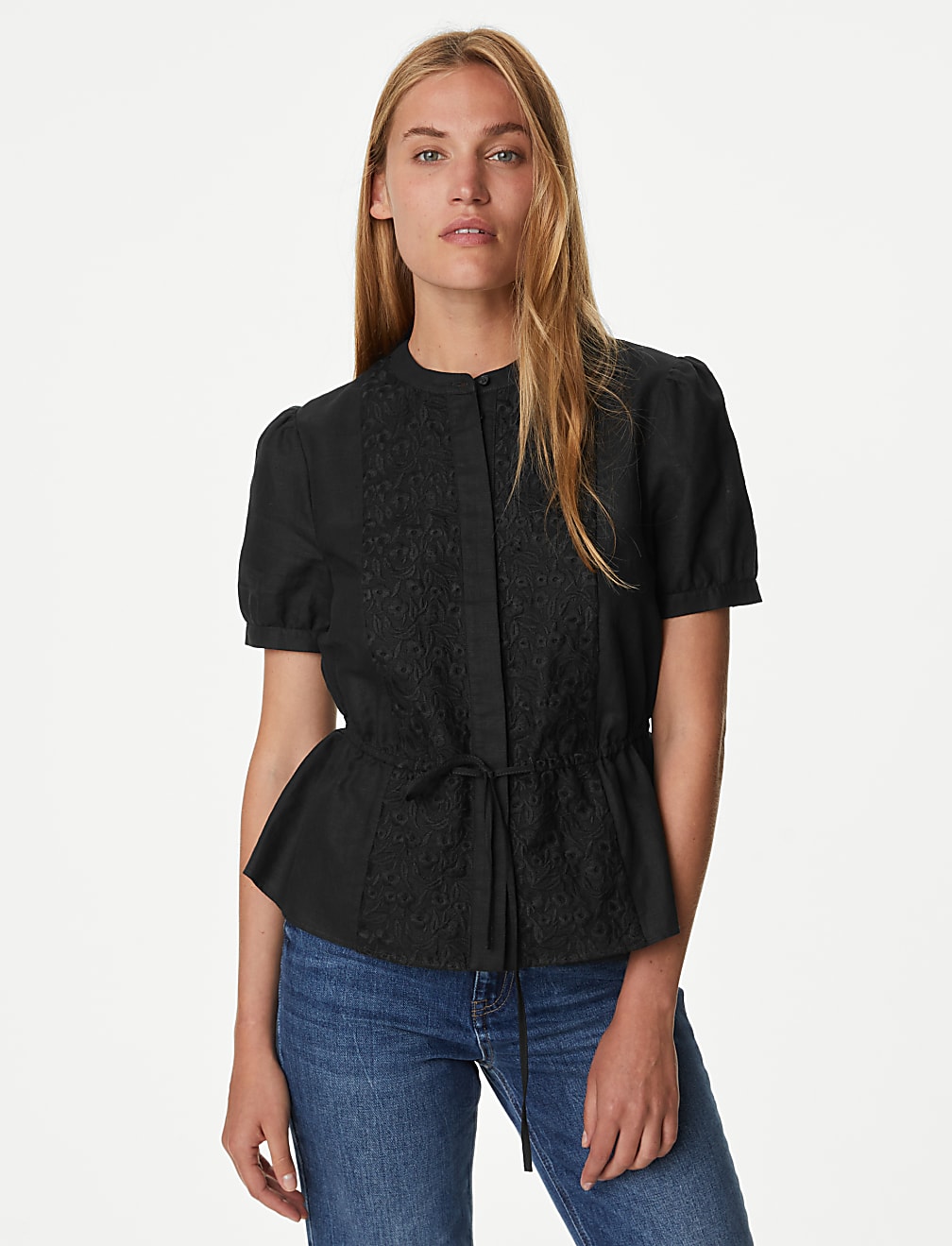 Linen Rich Embroidered High Neck Blouse