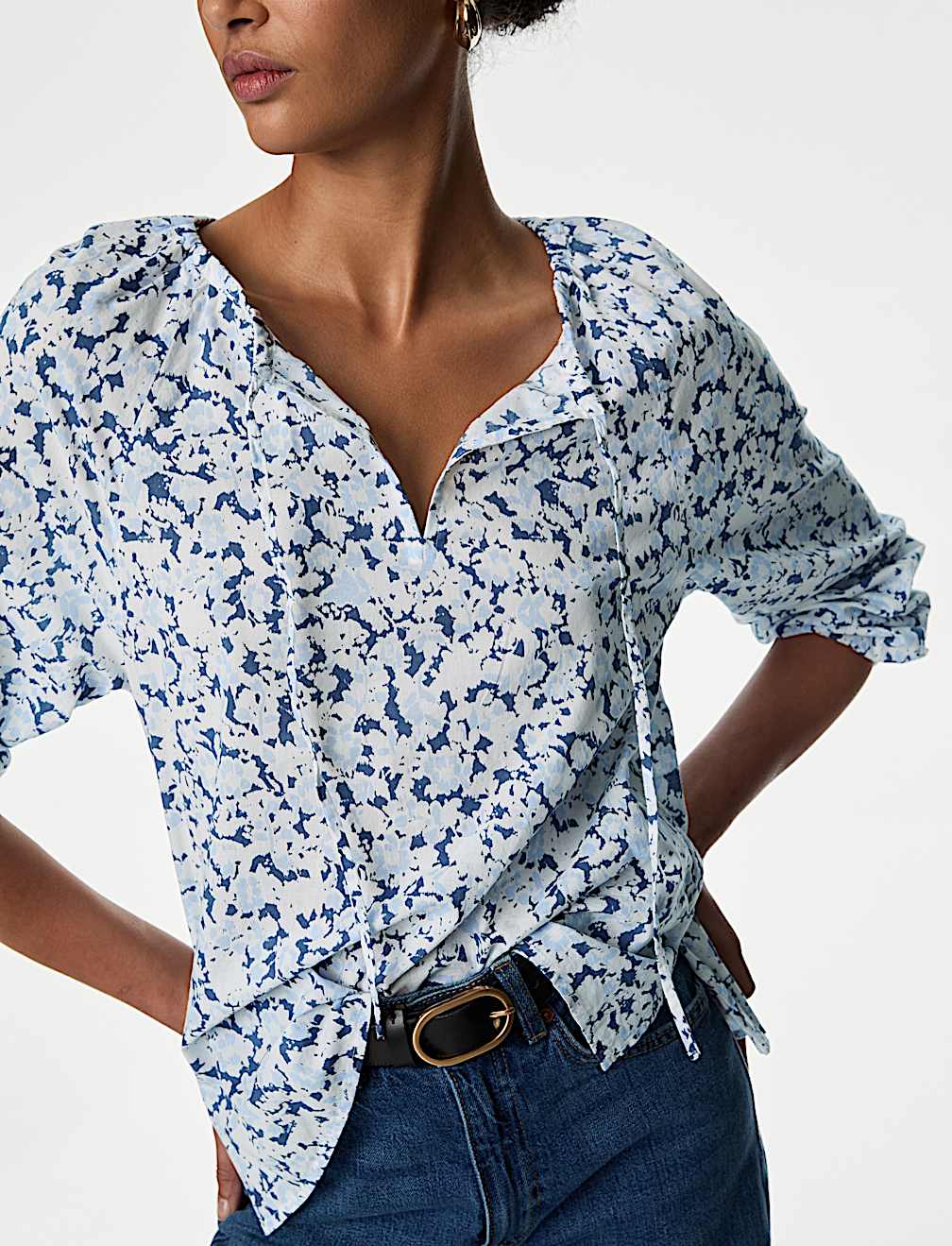 Pure Cotton Printed Tie Neck Blouse