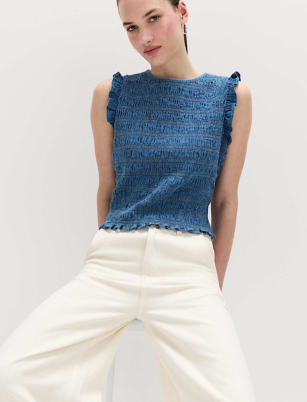 Denim Shirred Tank Top
