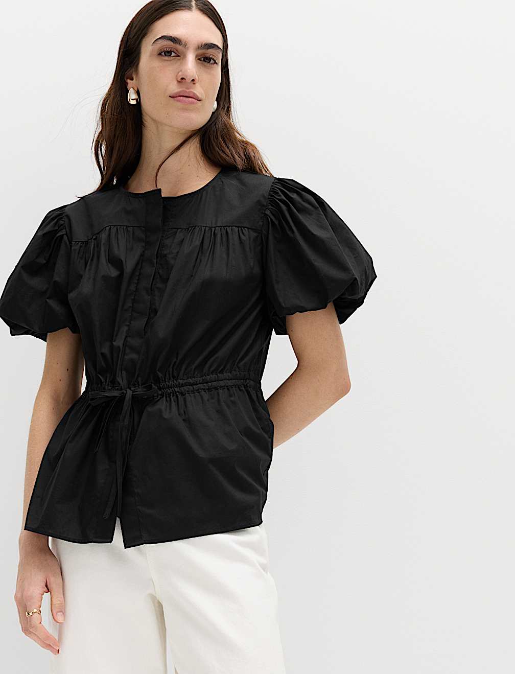 Pure Cotton Puff Sleeve Drawstring Waisted Top