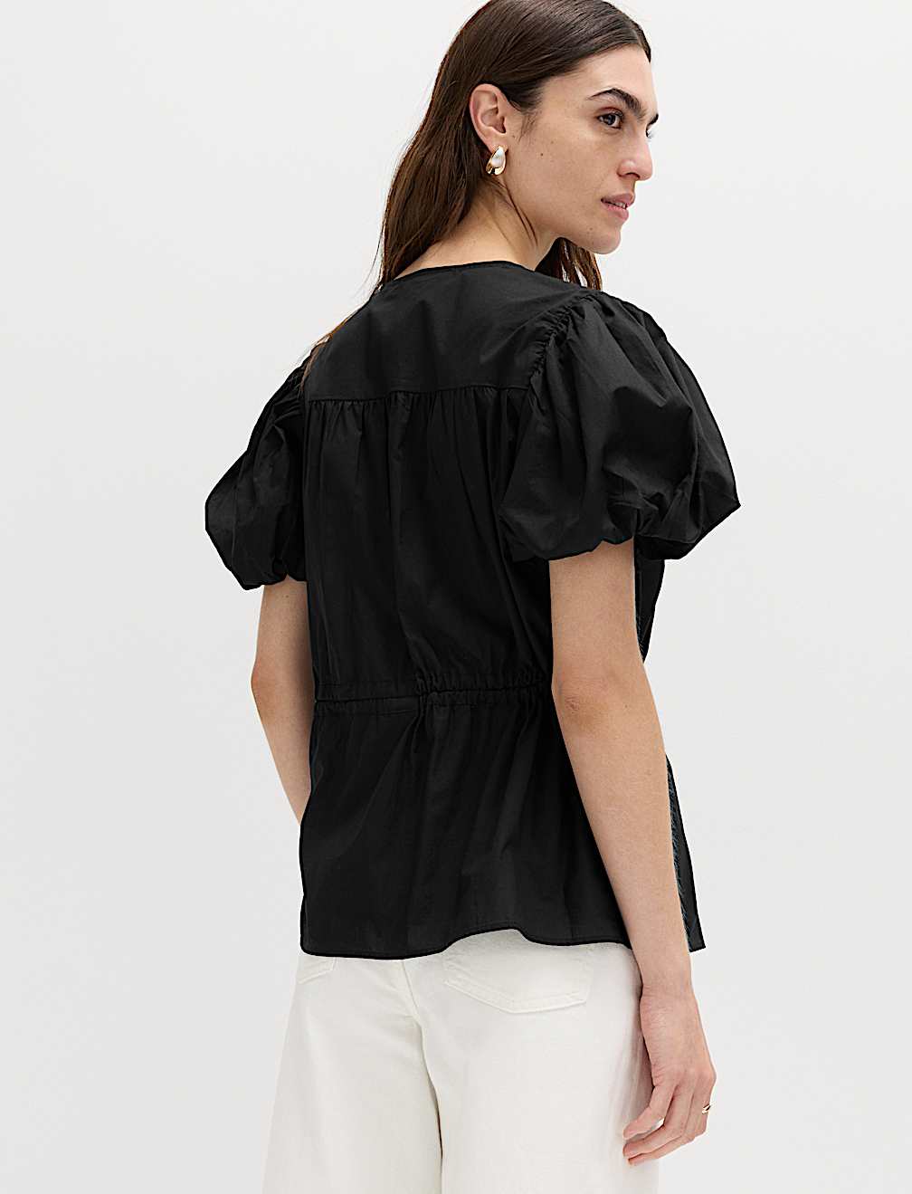 Pure Cotton Puff Sleeve Drawstring Waisted Top