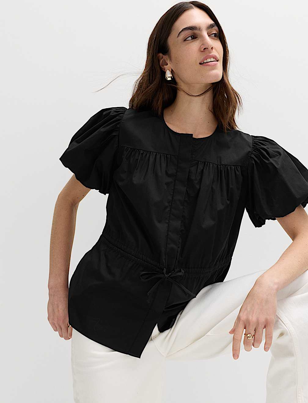 Pure Cotton Puff Sleeve Drawstring Waisted Top