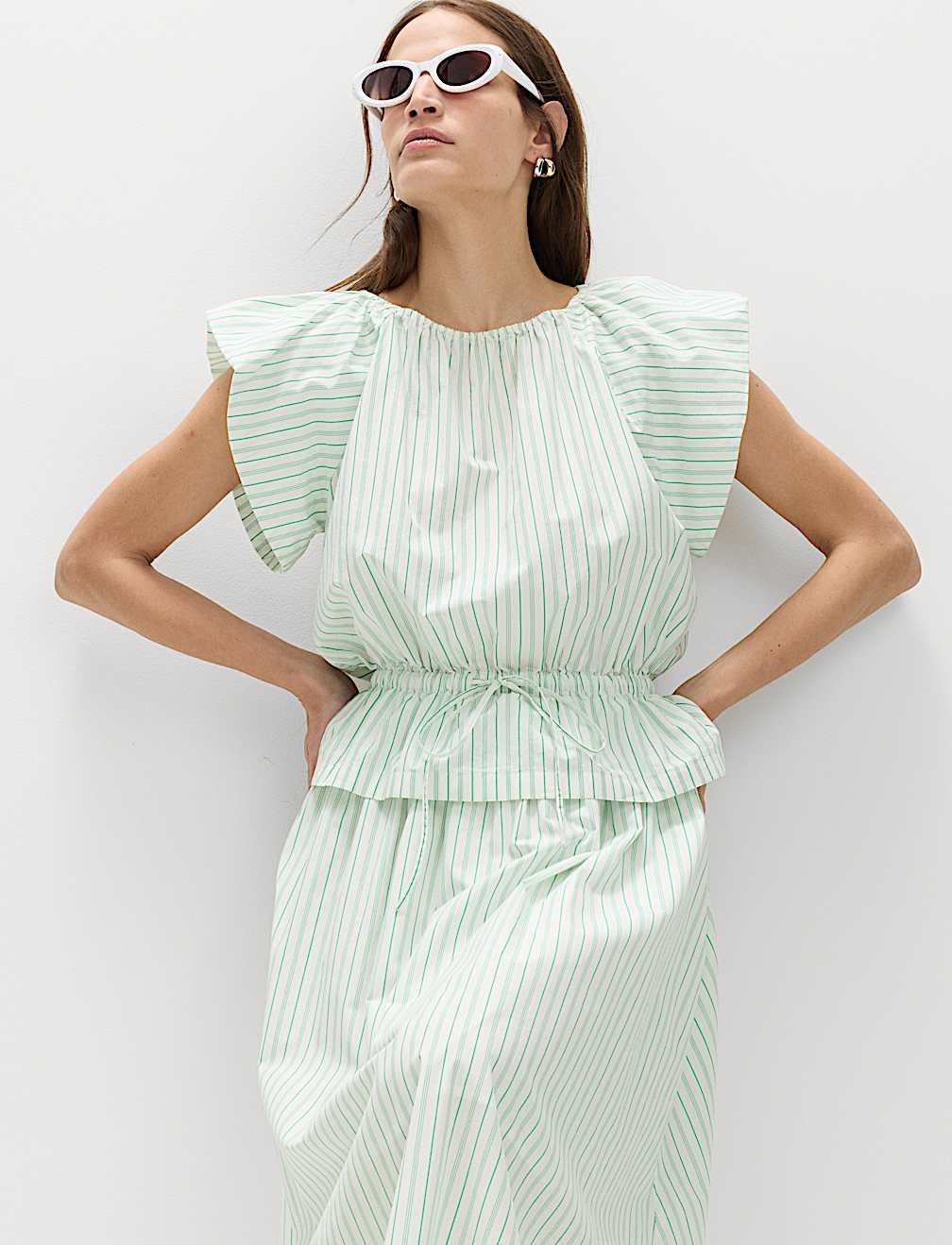 Pure Cotton Striped Puff Sleeve Drawstring Top