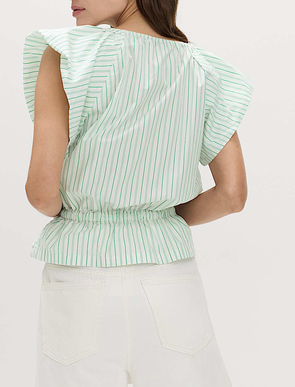 Pure Cotton Striped Puff Sleeve Drawstring Top