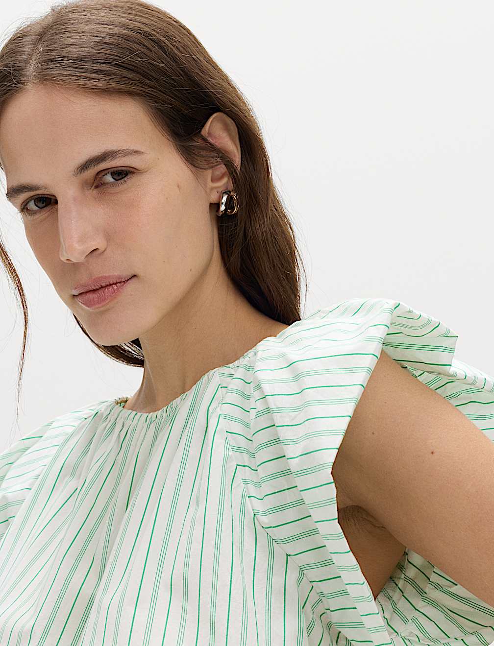 Pure Cotton Striped Puff Sleeve Drawstring Top