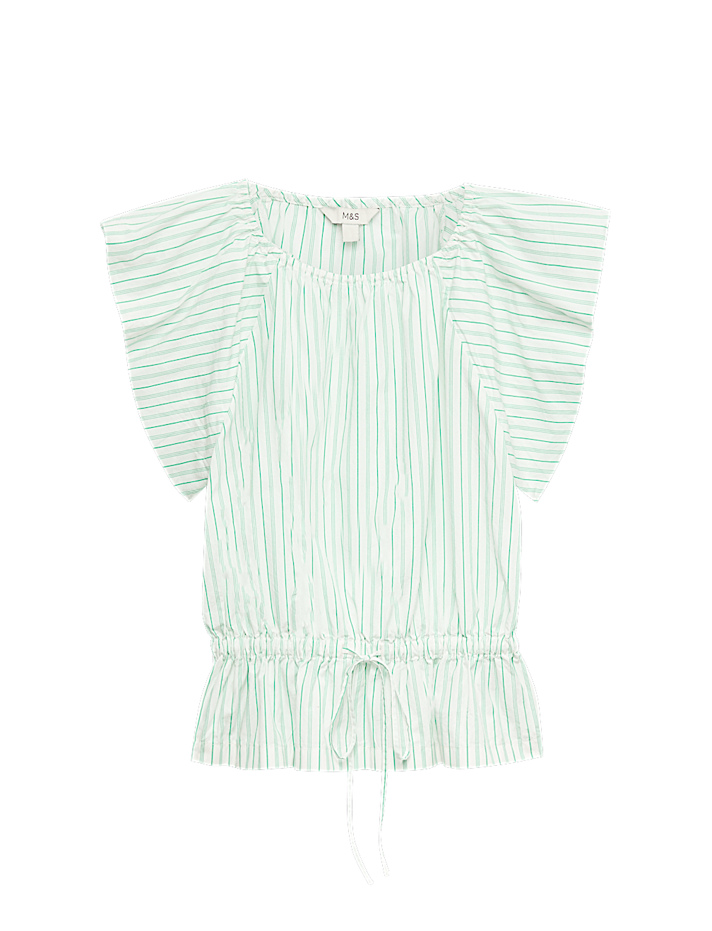 Pure Cotton Striped Puff Sleeve Drawstring Top