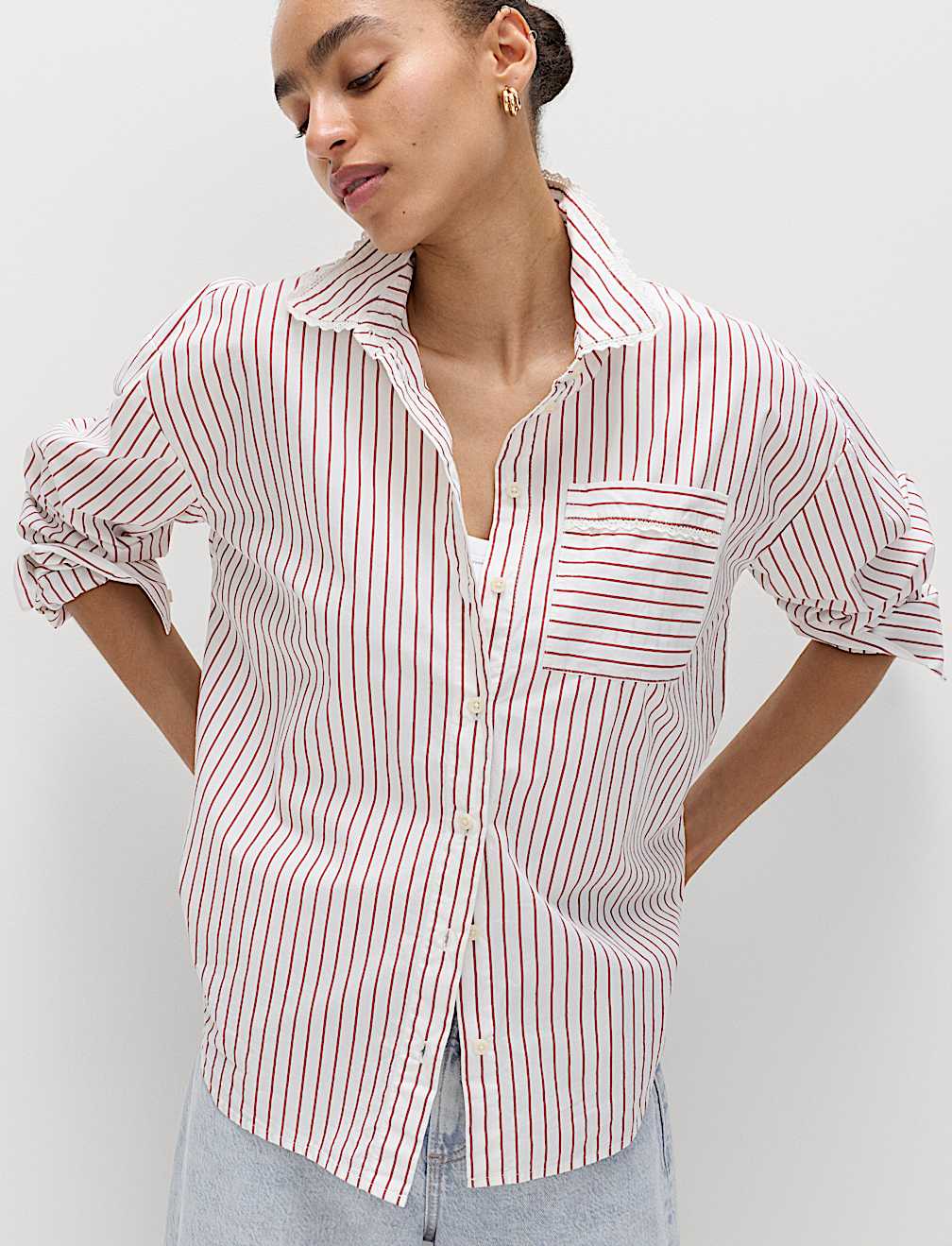 Pure Cotton Striped Lace Oversized Shirt