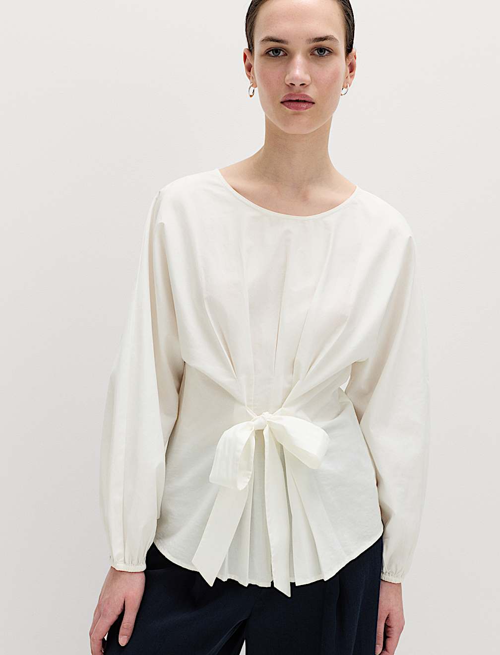 Pure Cotton Pleat Tie Detail Blouse