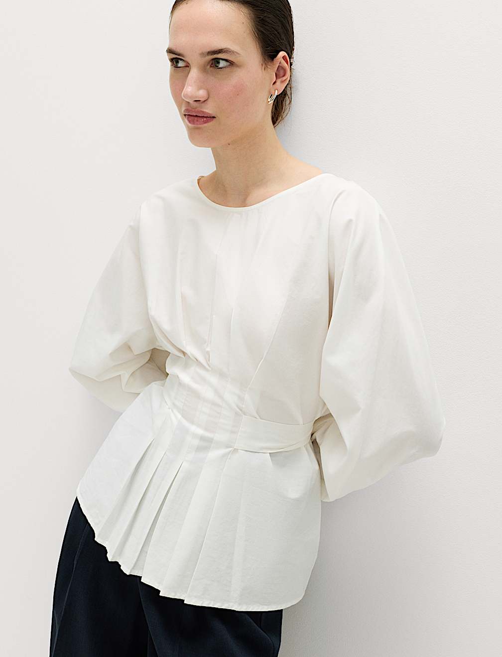 Pure Cotton Pleat Tie Detail Blouse