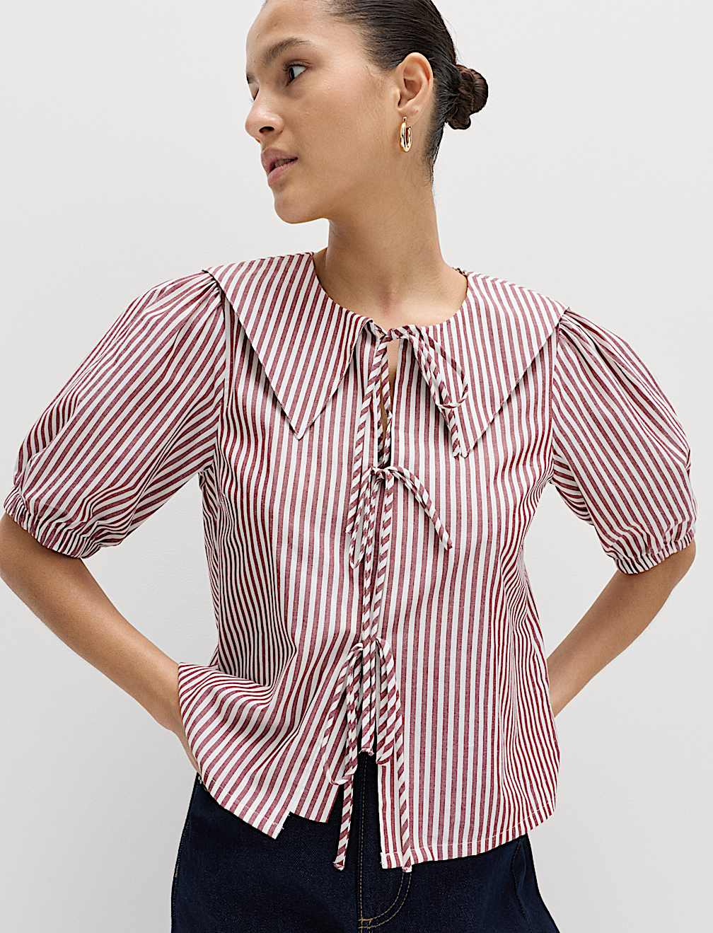 Pure Cotton Striped Oversized Collar Tie Detail Shirt