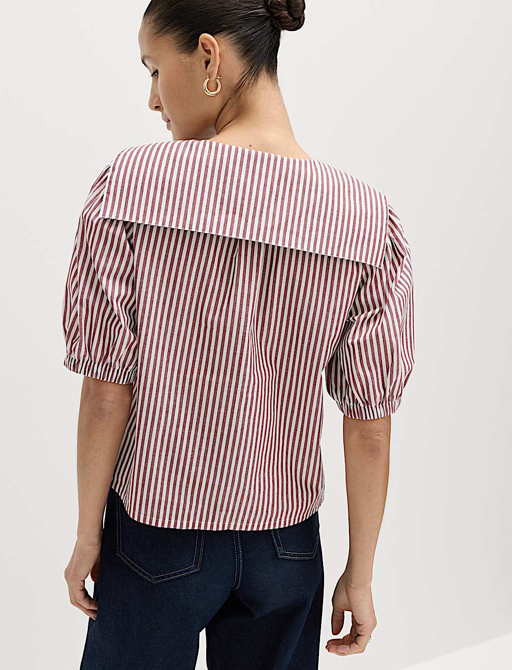 Pure Cotton Striped Oversized Collar Tie Detail Shirt