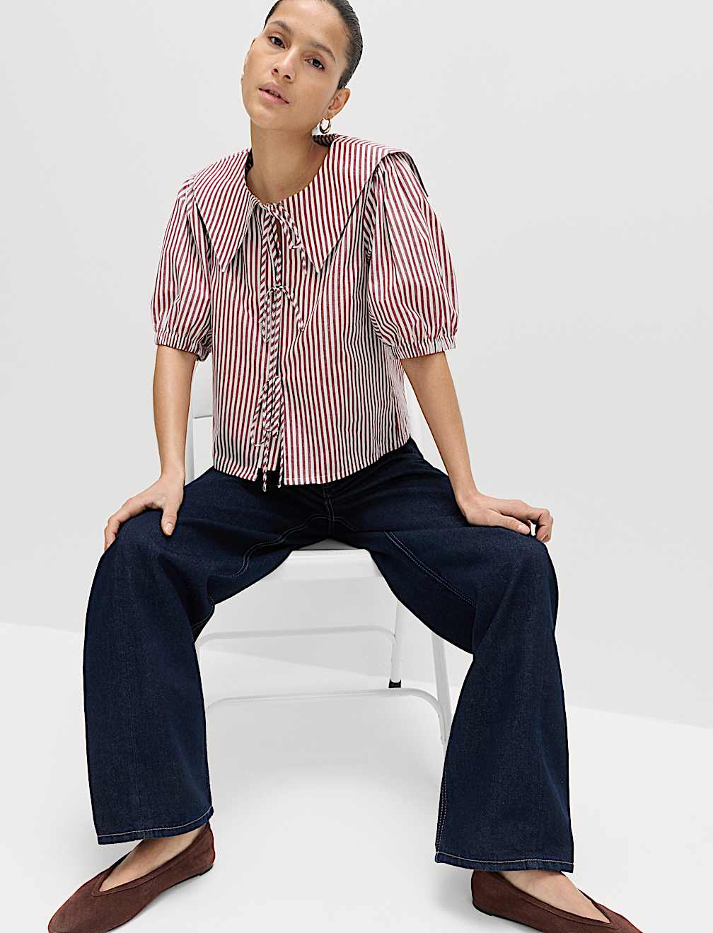 Pure Cotton Striped Oversized Collar Tie Detail Shirt