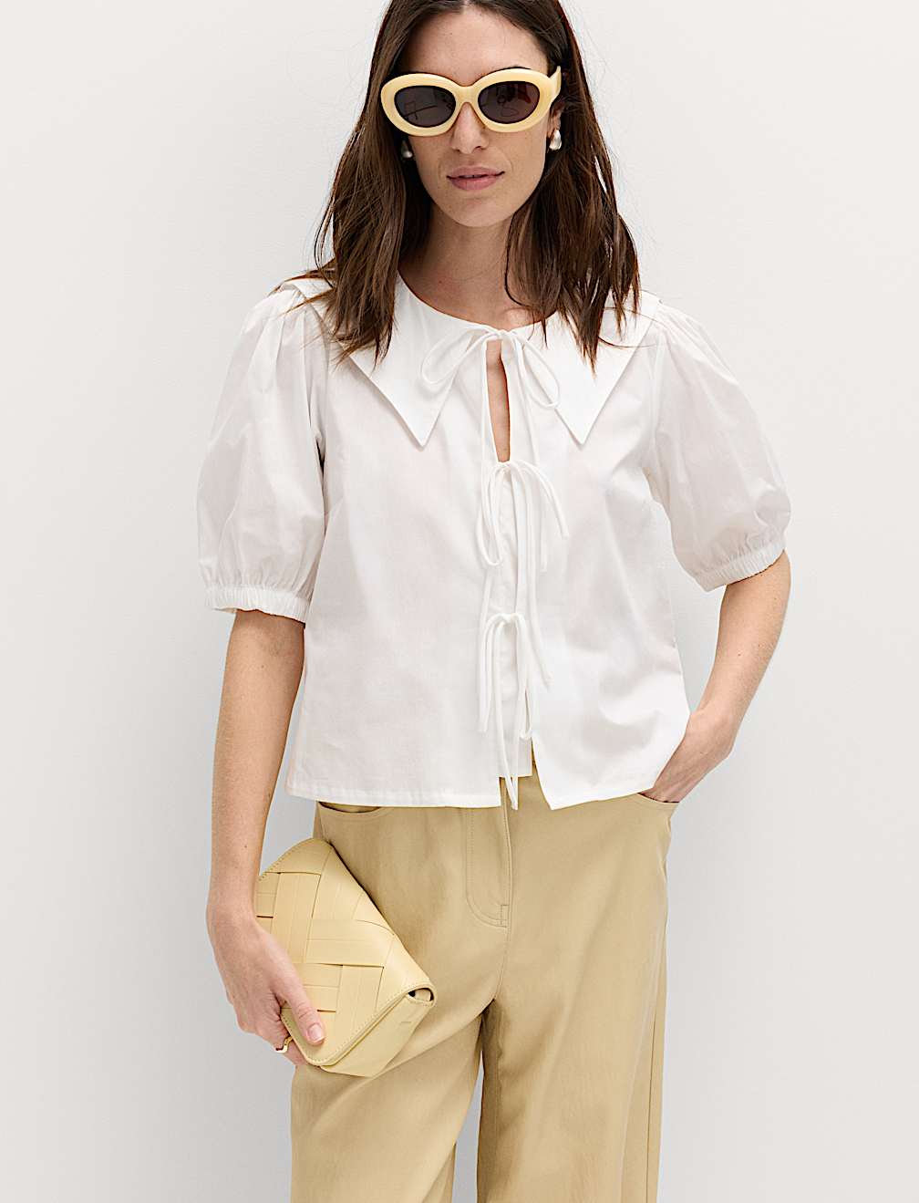 Pure Cotton Striped Oversized Collar Tie Detail Shirt