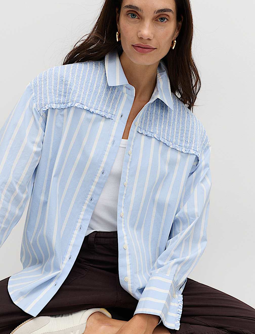 Pure Cotton Shirred Striped Shirt