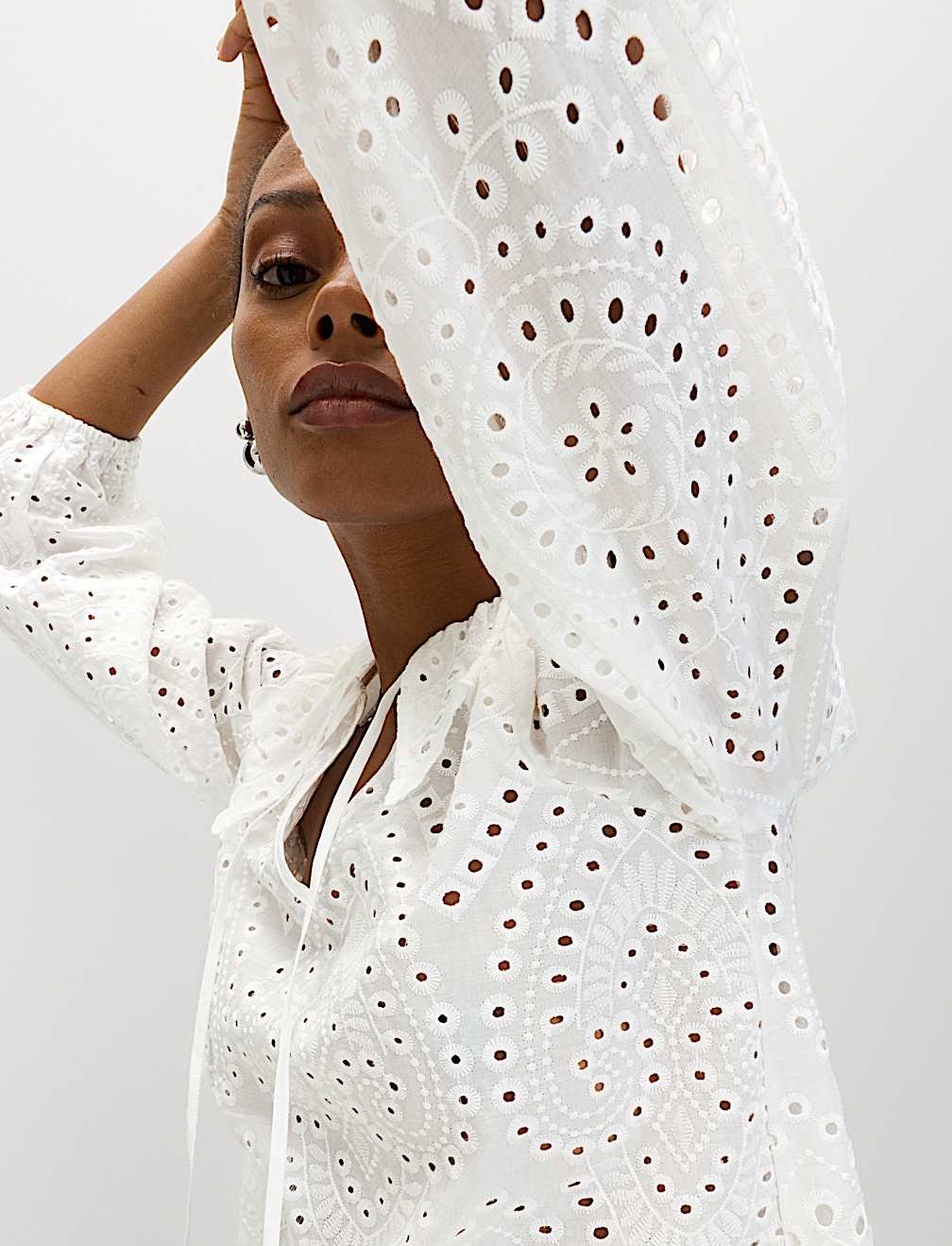 Pure Cotton Broderie Tie Front Blouse