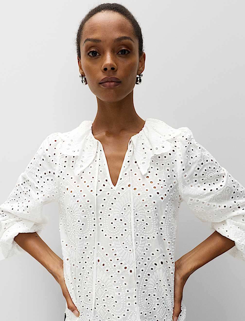 Pure Cotton Broderie Tie Front Blouse