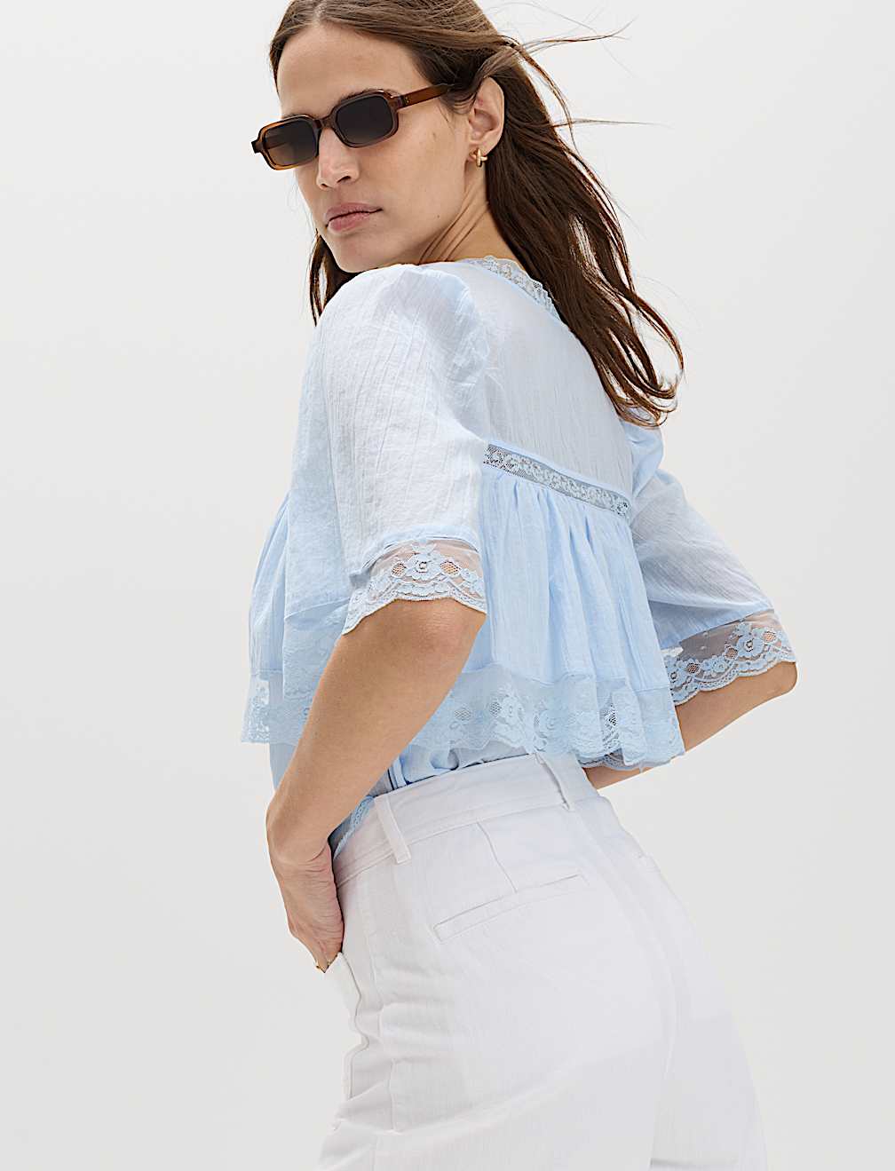 Pure Cotton V-Neck Lace Insert Blouse