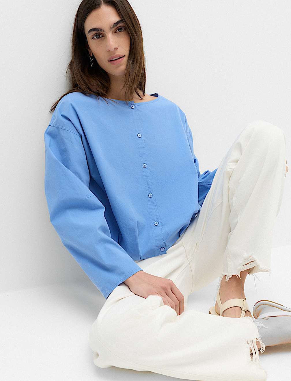 Pure Cotton Polka Dot Barrel Sleeve Blouse
